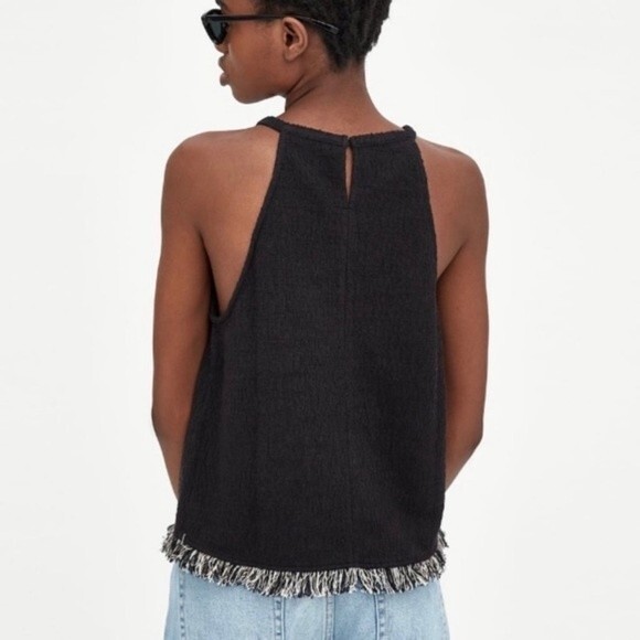 Zara Trafaluc black tweed halter top with fringe hem women's size small - Picture 2 of 8